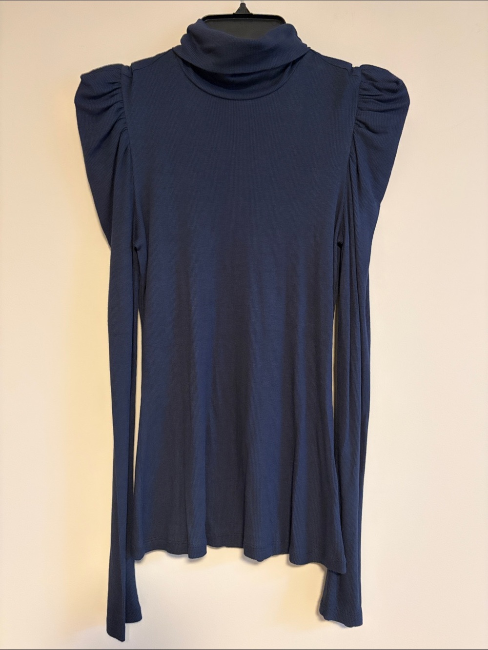 INC International Concepts Navy Turtleneck Puff-Shoulder Long Sleeve Top